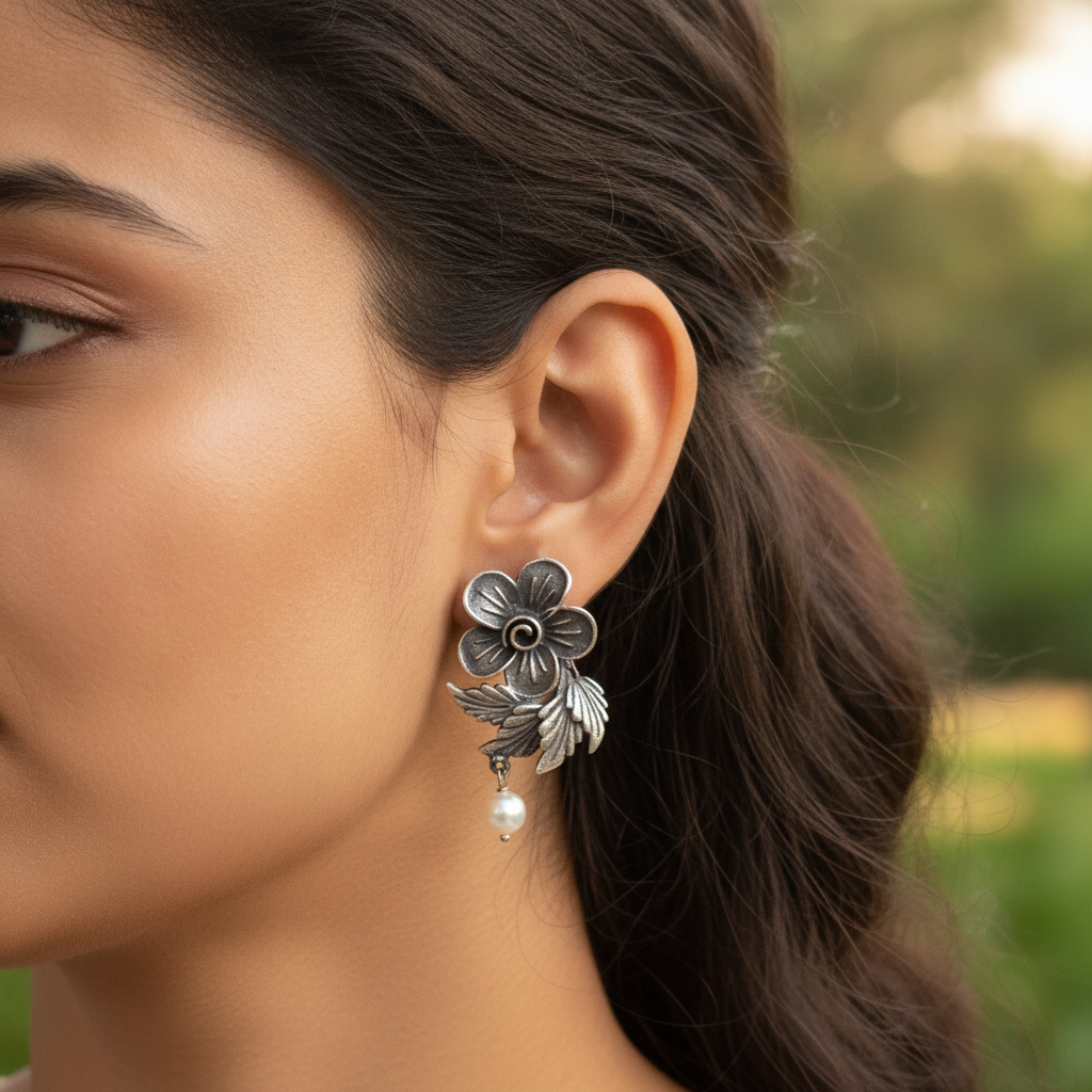 Naari Jewels Oxidised Germen Silver Flower Earrings with Leaf Pattern and Pearl Drop Earring | Ethnic Jewellery for Women