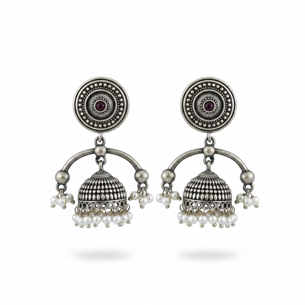 Naari Jewels Oxidized German Silver Jhumka Earrings with Pearl Drops | Traditional Ethnic Dome Earrings for Women