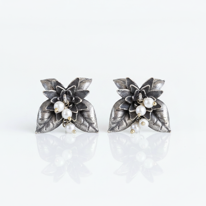 Naari Jewels Oxidized German Silver Floral Stud Earrings with Pearl Drops | Elegant Ethnic Flower Design for Women