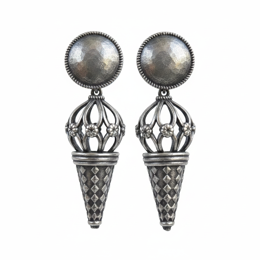Naari Jewels Oxidized German Silver Dome & Cone Drop Earrings | Handcrafted Ethnic Statement Danglers for Women