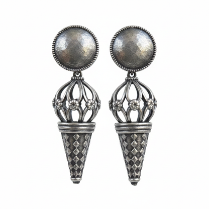 Naari Jewels Oxidized German Silver Dome & Cone Drop Earrings | Handcrafted Ethnic Statement Danglers for Women
