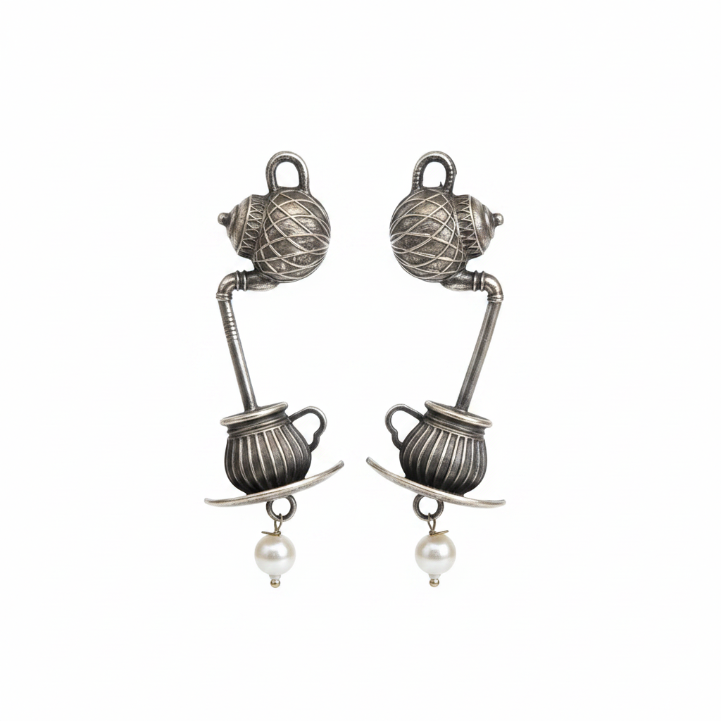 Naari Jewels Oxidized German Silver Tea Pour Kettle to Cup Drop Brass Earrings