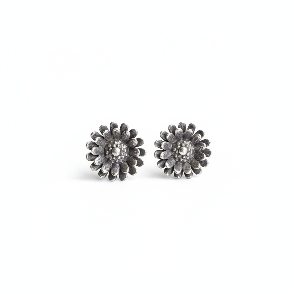 Naari Jewels Oxidized Germen Silver Daisy Flower Stud Earrings for Women | Vintage Floral Design | Lightweight Ethnic Jewelry