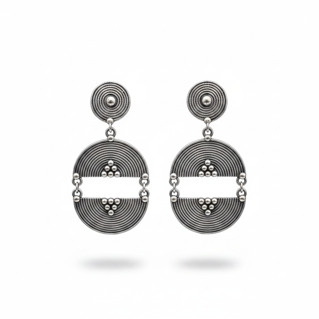 Naari Jewels Oxidized Germen Silver Geometric Drop Earrings for Women | Circular Tribal Statement Dangle Earrings | Ethnic Boho Jewelry
