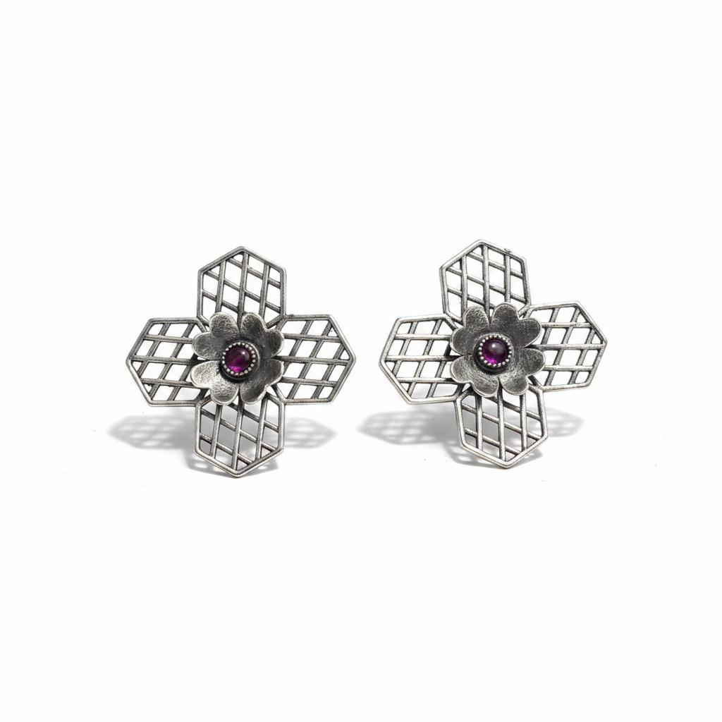 Naari Jewels Oxidized German Silver Vintage Bloom Grid Design Stud Earrings | Ethnic Statement Jewelry for Women