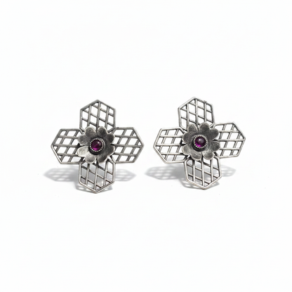 Naari Jewels Oxidized German Silver Vintage Bloom Grid Design Stud Earrings | Ethnic Statement Jewelry for Women