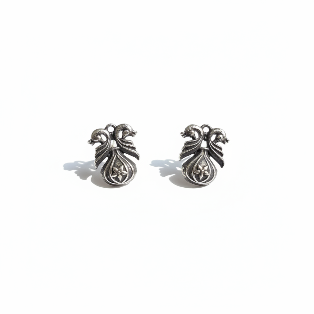 Naari Jewels Oxidised German Silver Mayura Bloom Brass Small Stud Earrings | Floral Ethnic Earrings for Women