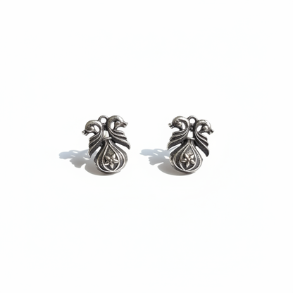 Naari Jewels Oxidised German Silver Mayura Bloom Brass Small Stud Earrings | Floral Ethnic Earrings for Women