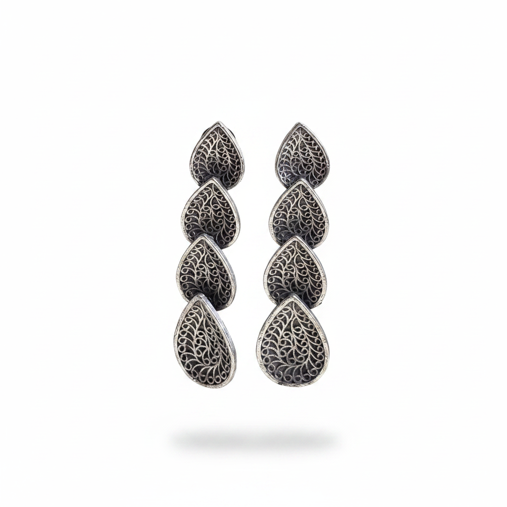 Naari Jewels Oxidized German Silver Multi-Layer Leaf Drop Earrings for Women | Antique Ethnic Dangler | Statement Brass Jewellery