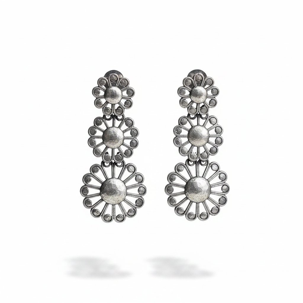 Naari Jewels Oxidised German Silver Triple Layer Floral Dangler Earrings for Women