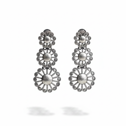 Naari Jewels Oxidised German Silver Triple Layer Floral Dangler Earrings for Women