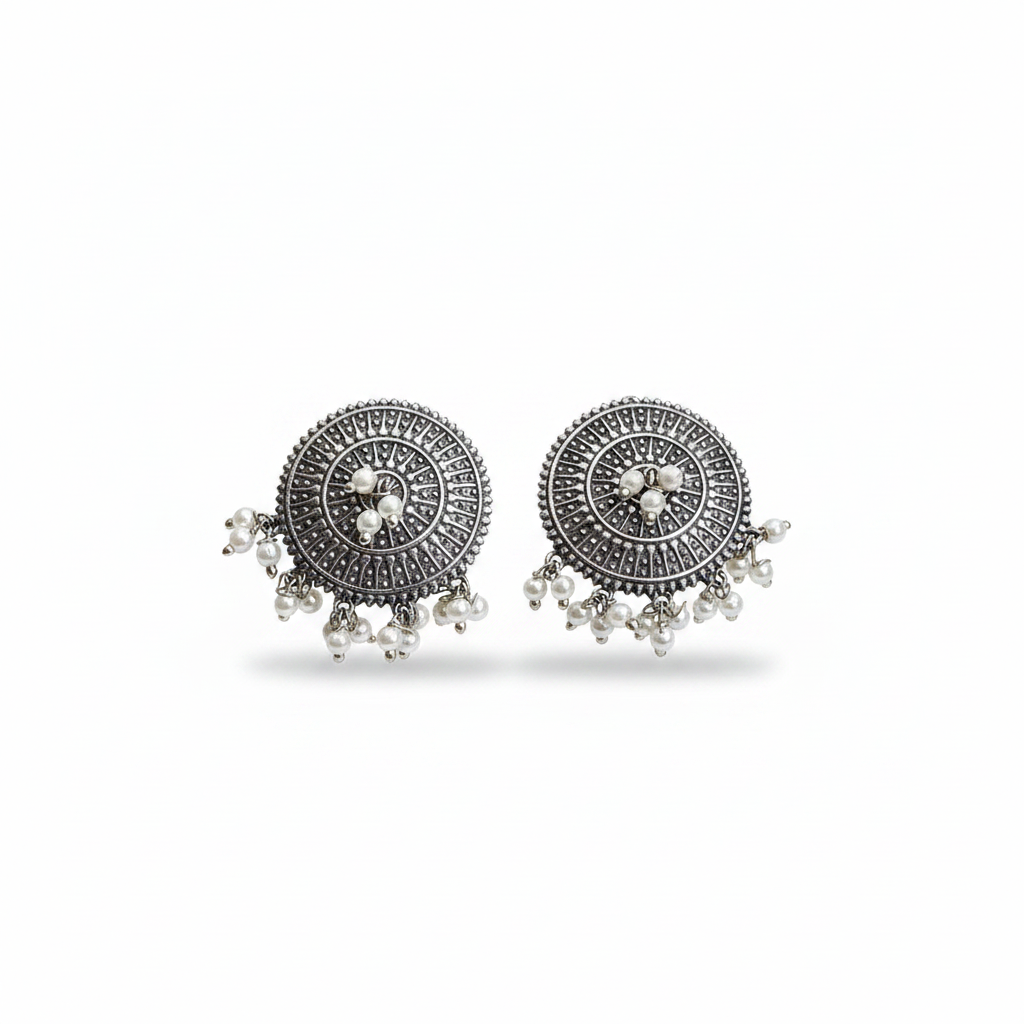 Naari Jewels Oxidized German Silver Chandrika Pearl Halo Stud Earrings | Ethnic Statement Jewelry for Women