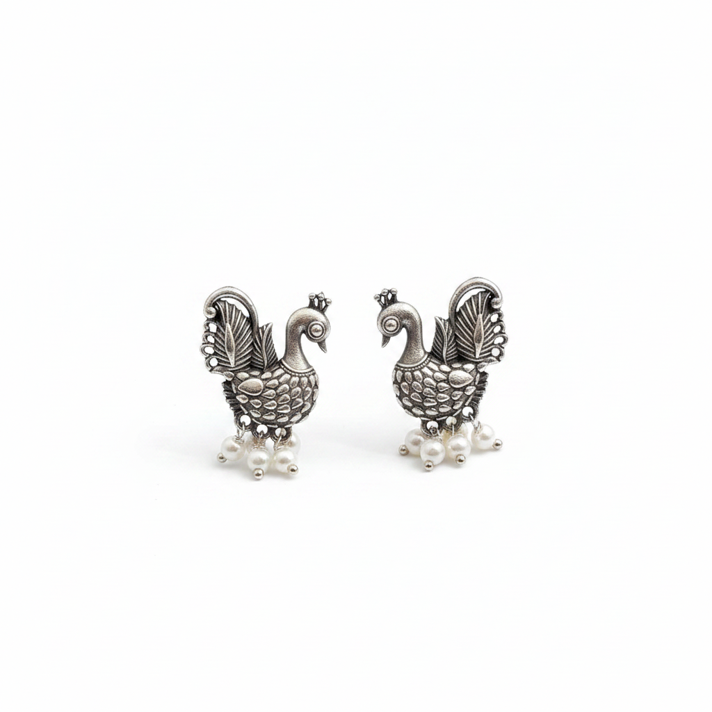 Naari Jewels Oxidized German Silver Royal Peacock Pearl Stud Earrings | Ethnic Statement Jewelry for Women