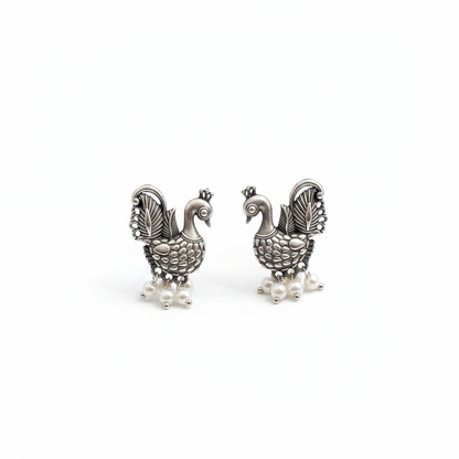 Naari Jewels Oxidized German Silver Royal Peacock Pearl Stud Earrings | Ethnic Statement Jewelry for Women