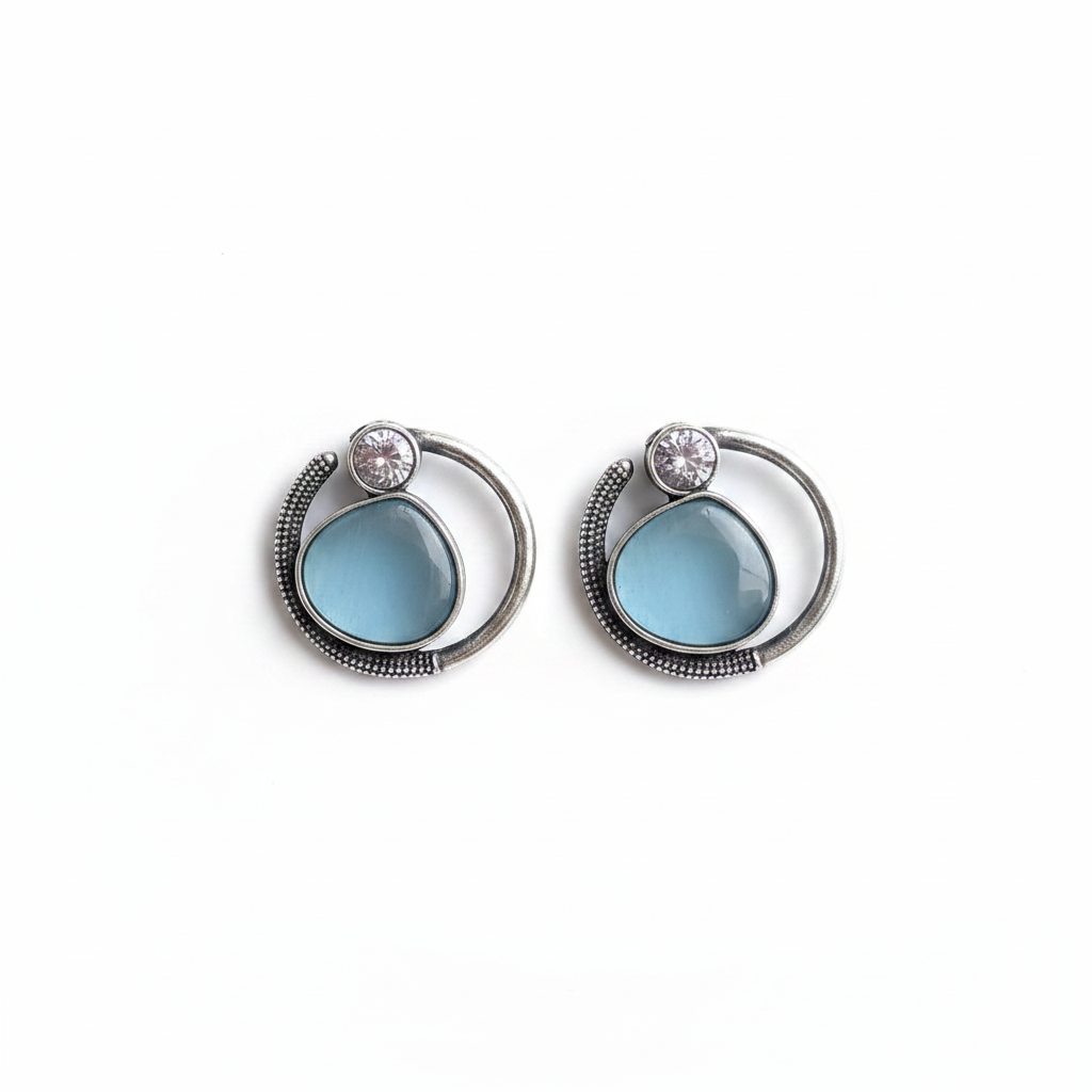 Naari Jewels Celeste Loop Oxidised Stud Earrings | Blue Stone Halo Design | Elegant German Silver Jewellery