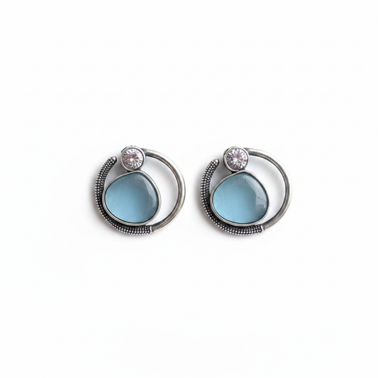 Naari Jewels Celeste Loop Oxidised Stud Earrings | Blue Stone Halo Design | Elegant German Silver Jewellery