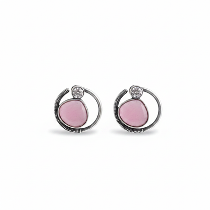 Naari Jewels Celeste Loop Oxidised Stud Earrings | Pink Stone Halo Design | Elegant German Silver Jewellery
