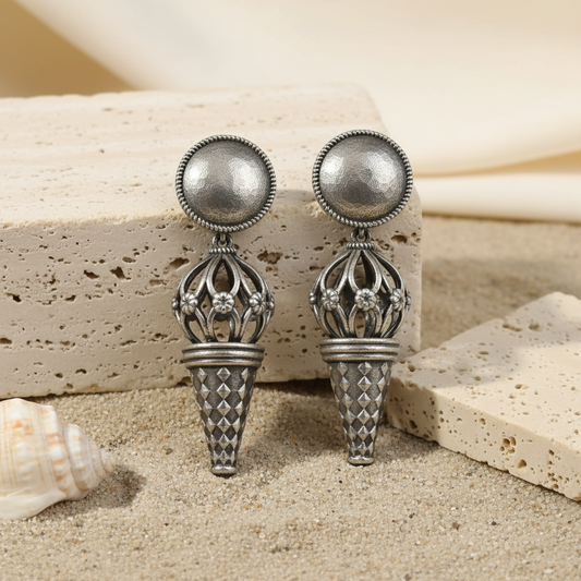 Naari Jewels Oxidized German Silver Dome & Cone Drop Earrings | Handcrafted Ethnic Statement Danglers for Women