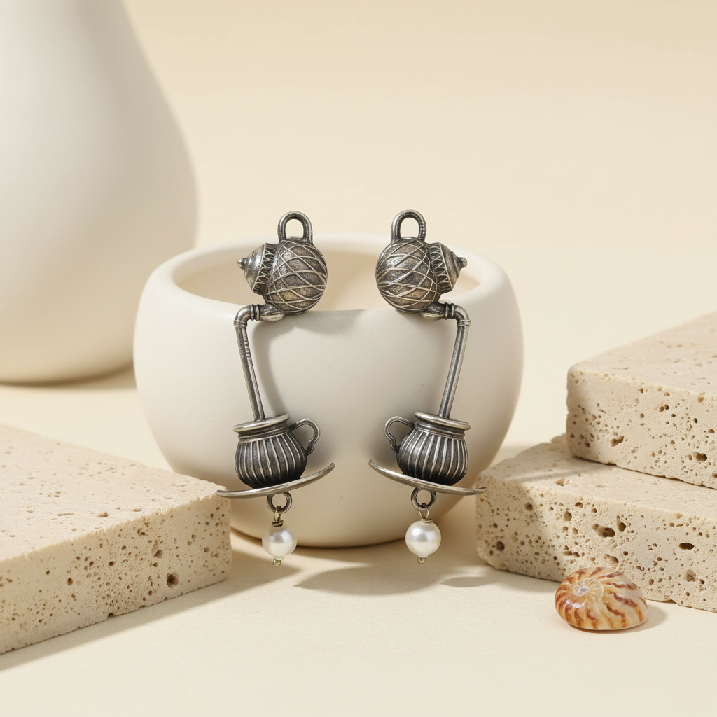 Naari Jewels Oxidized German Silver Tea Pour Kettle to Cup Drop Brass Earrings