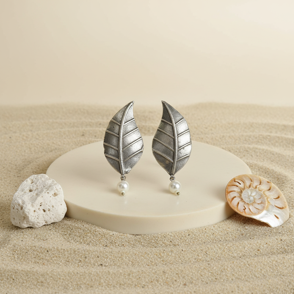 Naari Jewels Oxidized German Silver Leaf Earrings with Pearl Drop | Elegant Ethnic & Indo-Western Jewelry for Women