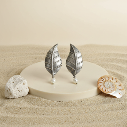 Naari Jewels Oxidized German Silver Leaf Earrings with Pearl Drop | Elegant Ethnic & Indo-Western Jewelry for Women