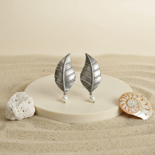 Naari Jewels Oxidized German Silver Leaf Earrings with Pearl Drop | Elegant Ethnic & Indo-Western Jewelry for Women