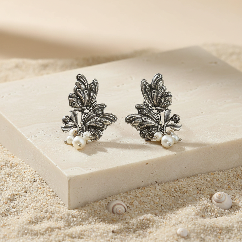 Naari Jewels Oxidized Brass Dwi Paksha Pearl Earrings for Women | Ethnic Traditional Statement Jewellery