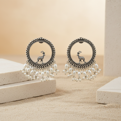 Naari Jewels Oxidized German Silver Deer Mriga Circle Beads Drops Brass Earrings | Ethnic Boho Statement Jewellery for Women
