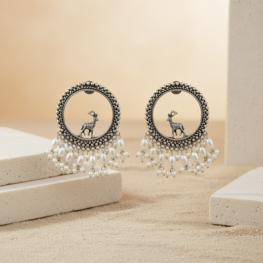Naari Jewels Oxidized German Silver Deer Mriga Circle Beads Drops Brass Earrings | Ethnic Boho Statement Jewellery for Women