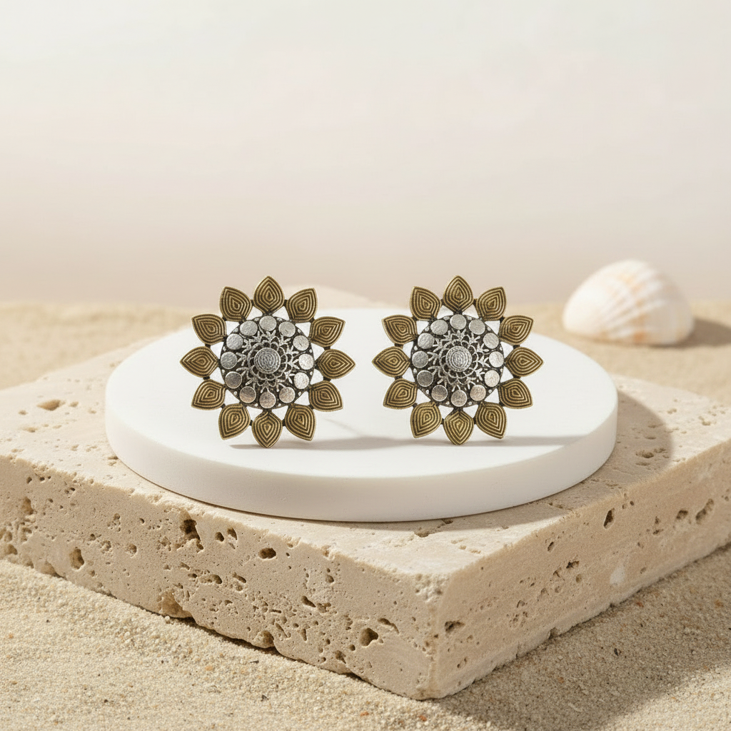 Naari Jewels Oxidized German Silver Sunflower Stud Earrings for Women