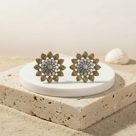 Naari Jewels Oxidized German Silver Sunflower Stud Earrings for Women