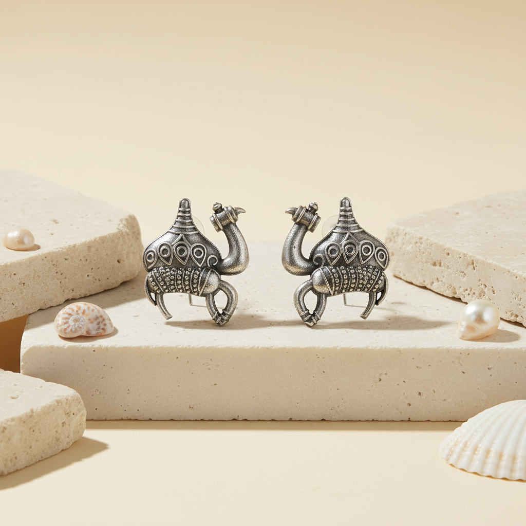 Naari Jewels Oxidized German Silver Camel Stud Earrings for Women