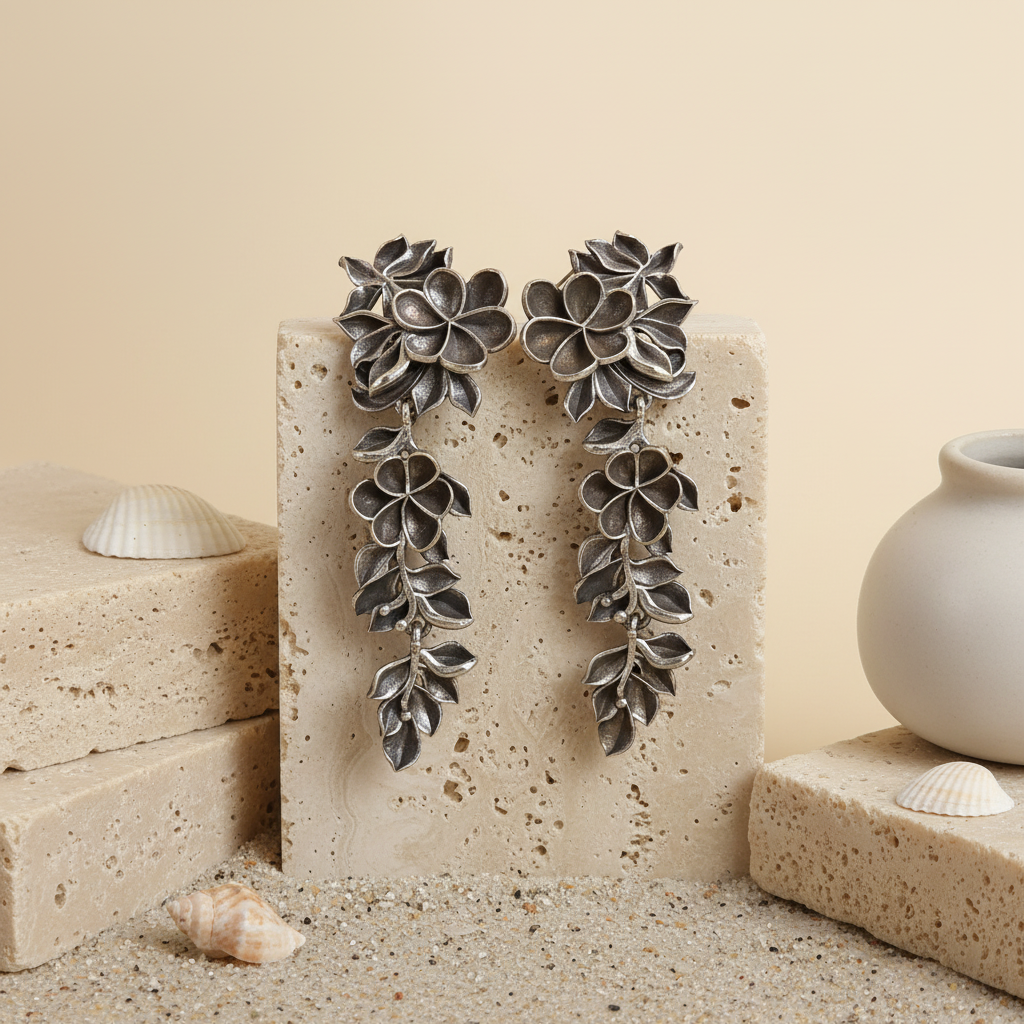 Naari Jewels Oxidized German Silver Rajasi Floral Falls Dangler Earrings For Women
