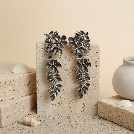 Naari Jewels Oxidized German Silver Rajasi Floral Falls Dangler Earrings For Women