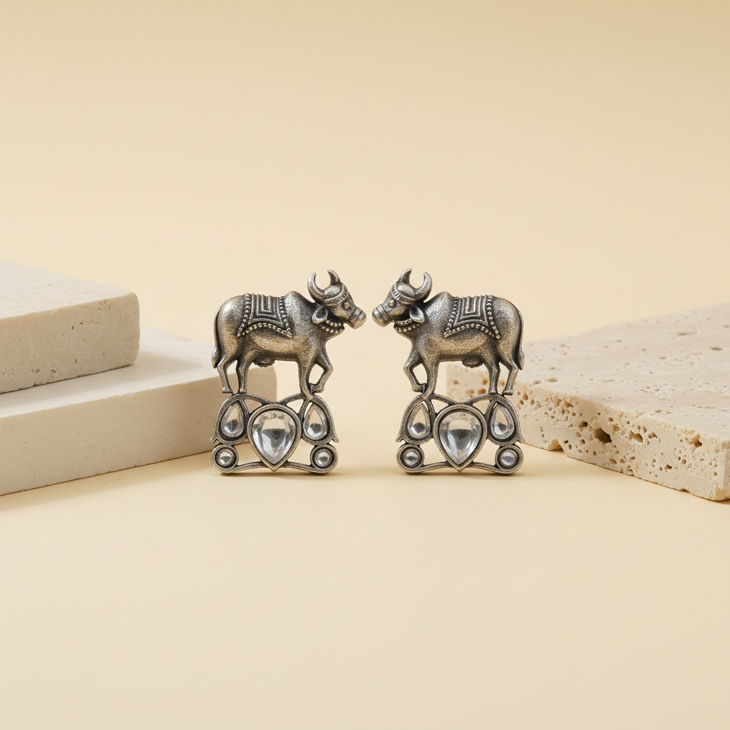 Naari Jewels Oxidized German Silver Kamdhenu Grace Studs Earrings