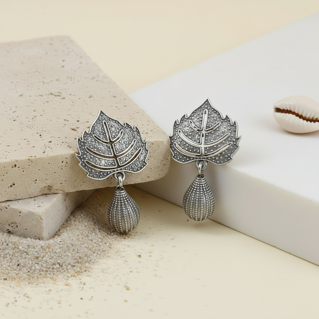 Naari Jewels Oxidized German Silver Vriksha Peepal Leaf Bead Drop Earrings
