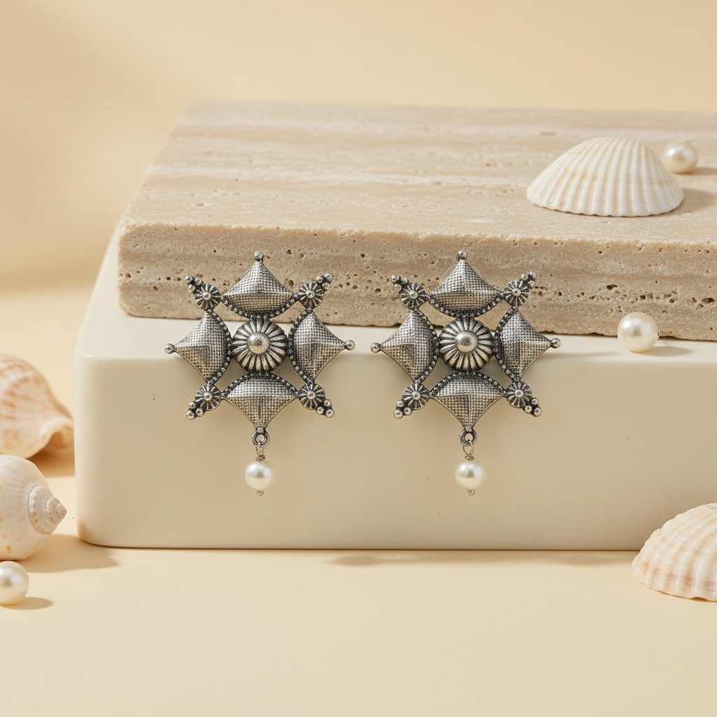 Naari Jewels Oxidized German Silver Viraasat Square Mandala Pearl Drop Earrings