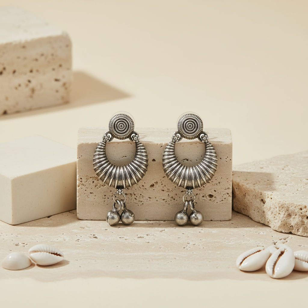 Naari Jewels Oxidized German Silver Vintage Spiral Ghungroo Drop Earrings
