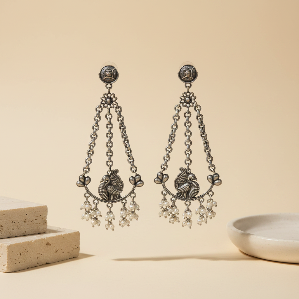 Naari Jewels Oxidized German Silver Triveni Mor Pearl Chandbali Chain Earrings