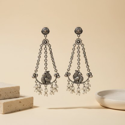 Naari Jewels Oxidized German Silver Triveni Mor Pearl Chandbali Chain Earrings