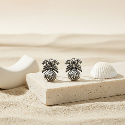 Naari Jewels Oxidised German Silver Mayura Bloom Brass Small Stud Earrings | Floral Ethnic Earrings for Women