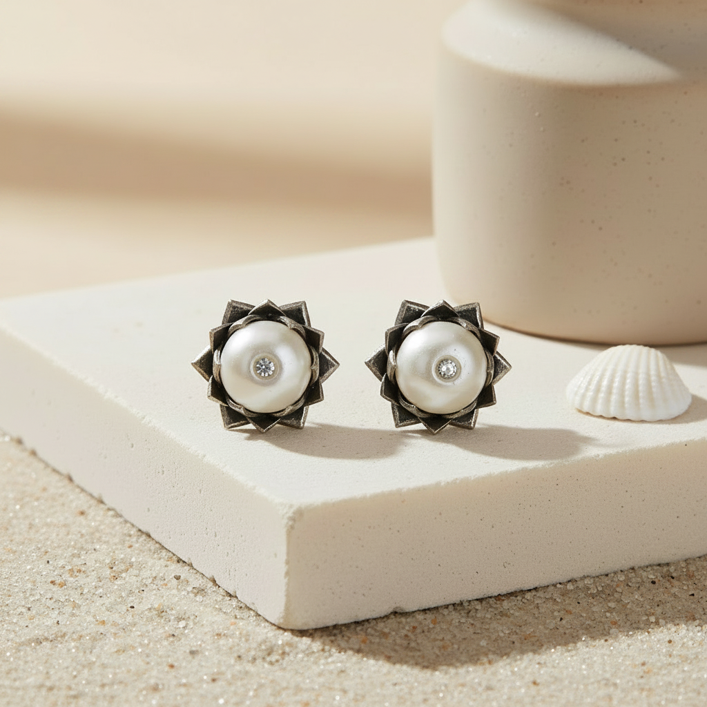 Naari Jewels Oxidized German Silver Classic Charm Pearl Studs Earrings