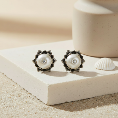 Naari Jewels Oxidized German Silver Classic Charm Pearl Studs Earrings
