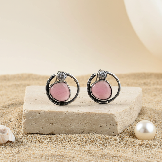 Naari Jewels Celeste Loop Oxidised Stud Earrings | Pink Stone Halo Design | Elegant German Silver Jewellery