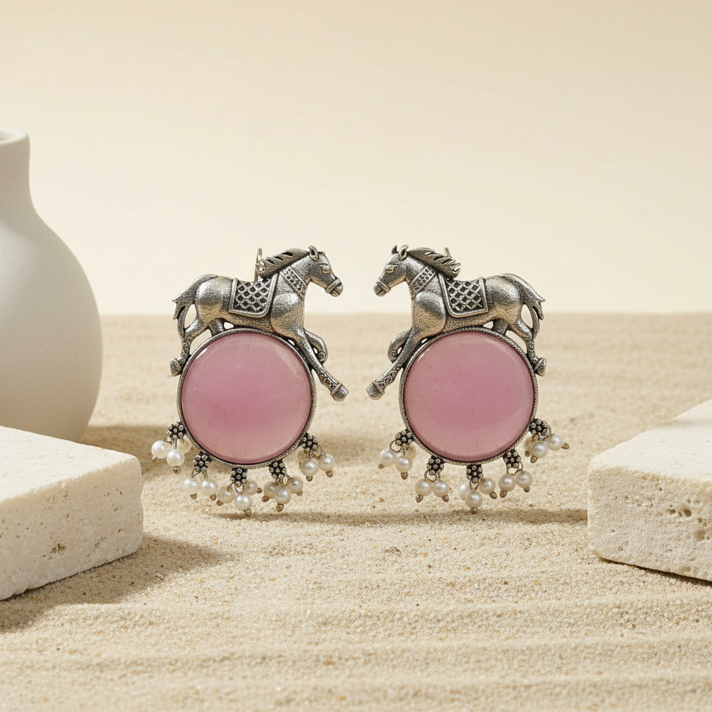 Naari Jewels Oxidized Germen Silver Horse Design with Pink Monalisa Stone | Ethnic Earring jewelry for Women