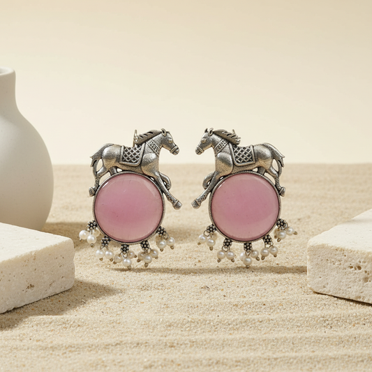 Naari Jewels Oxidized Germen Silver Horse Design with Pink Monalisa Stone | Ethnic Earring jewelry for Women