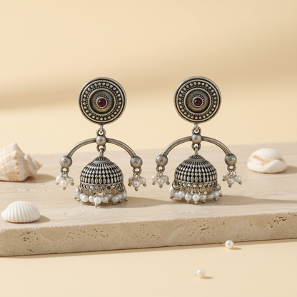 Naari Jewels Oxidized German Silver Jhumka Brass Earrings with Pearl Drops | Traditional Ethnic Dome Earrings for Women