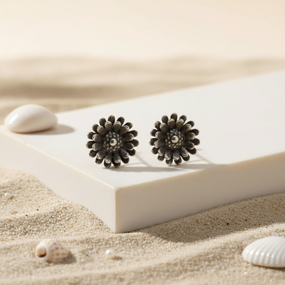 Naari Jewels Oxidized Germen Silver Daisy Flower Stud Brass Earrings for Women | Vintage Floral Design | Lightweight Ethnic Jewelry