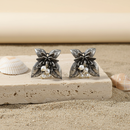 Naari Jewels Oxidized German Silver Floral Stud Brass Earrings with Pearl Drops | Elegant Ethnic Flower Design for Women