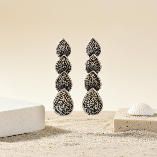 Naari Jewels Oxidized German Silver Multi-Layer Leaf Drop Brass Earrings for Women | Antique Ethnic Dangler | Statement Brass Jewellery